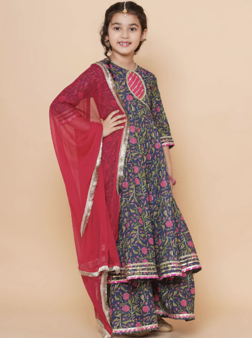 Blue Floral Angrakha Gotta Patti Kurta Sharara set With Dupatta - Image 3